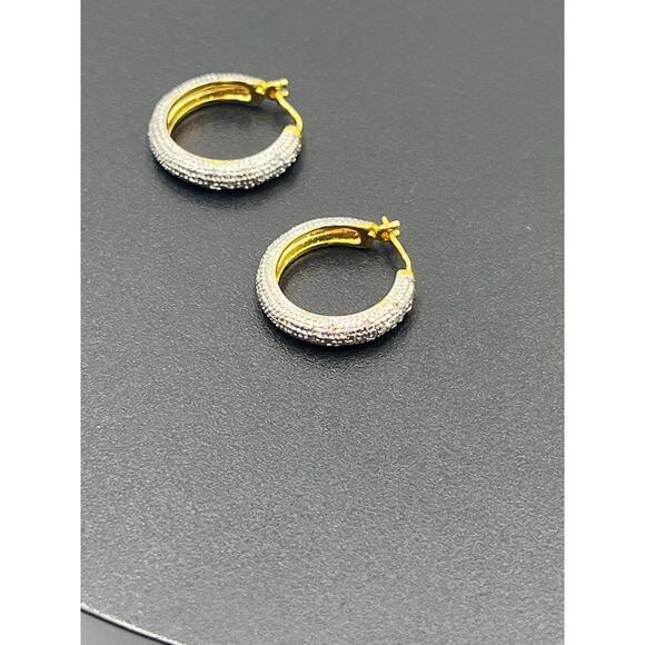 RT Sterling Silver Gold Plated Two Tone Diamond Chip Pave Round Hoop Earrings - Picture 7 of 8
